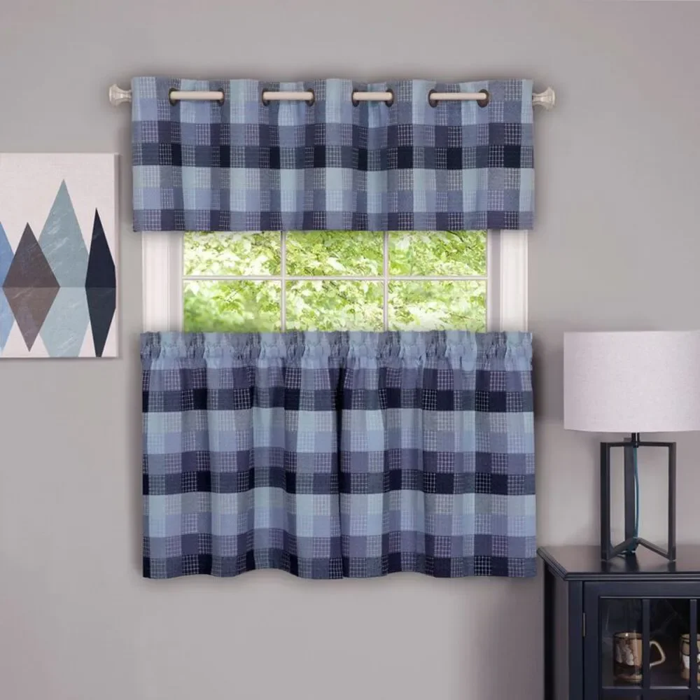 Geometric Plaid Window Kitchen Curtain Drape Privacy-Sheer Grommet Panels: 57